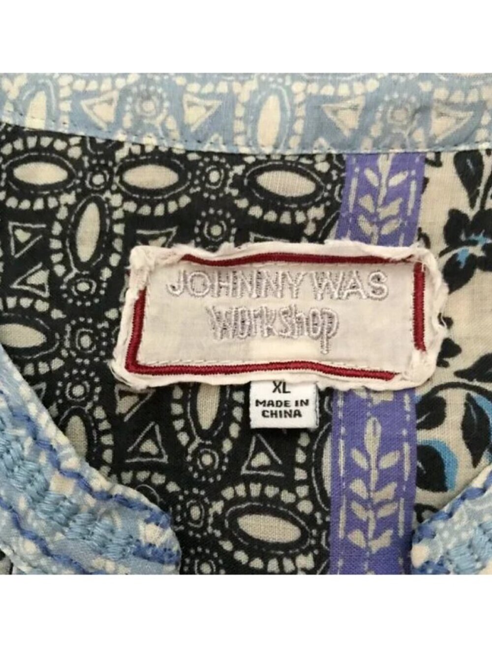 Johnny Was Workshop Embroidered Floral Blue Patchwork Blouse XL - Picture 5 of 10